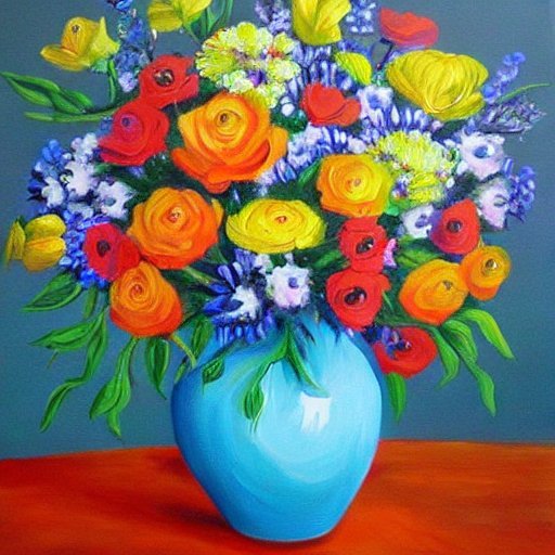 Text prompt given to Stable Diffusion = "Vase of variety of flowers acrylic painting"&nbsp;